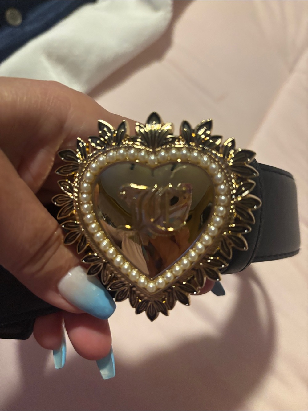 Juicy Couture Black Belt with Gold Heart Buckle and Pearl Trim